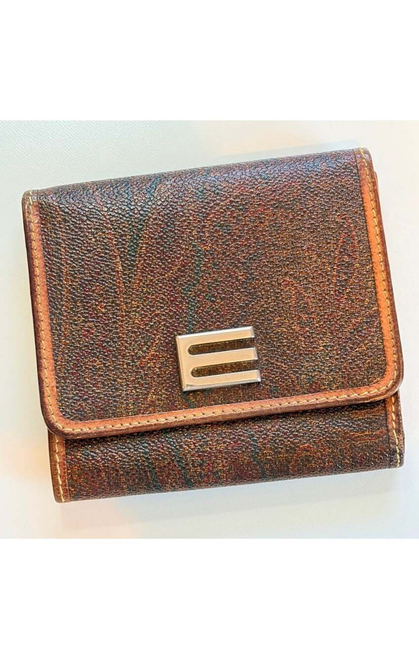 Etro Milano Vintage Trifold Bordeaux Paisley & Tan Leather Wallet w/ Coin Pouch
